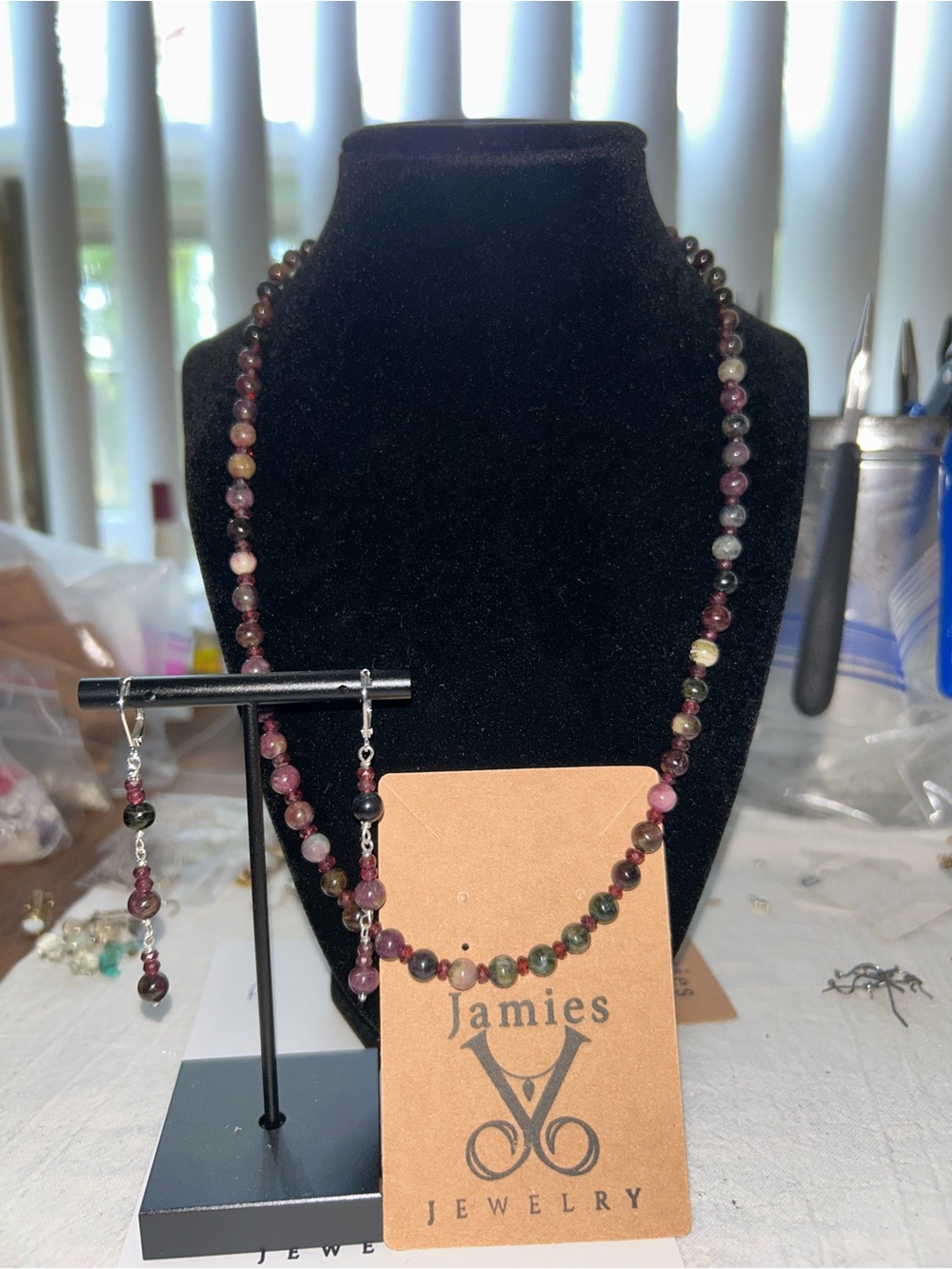 Multicolor Tourmaline and garnet Bead Necklace & Earrings Set